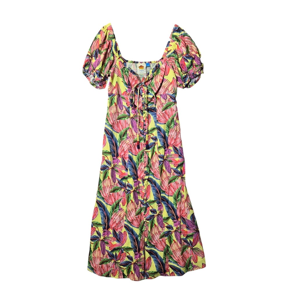 Farm Rio Linen Blend Puff-Sleeve Sweetheart‎ Midi Dress S Tropical Resort NWT